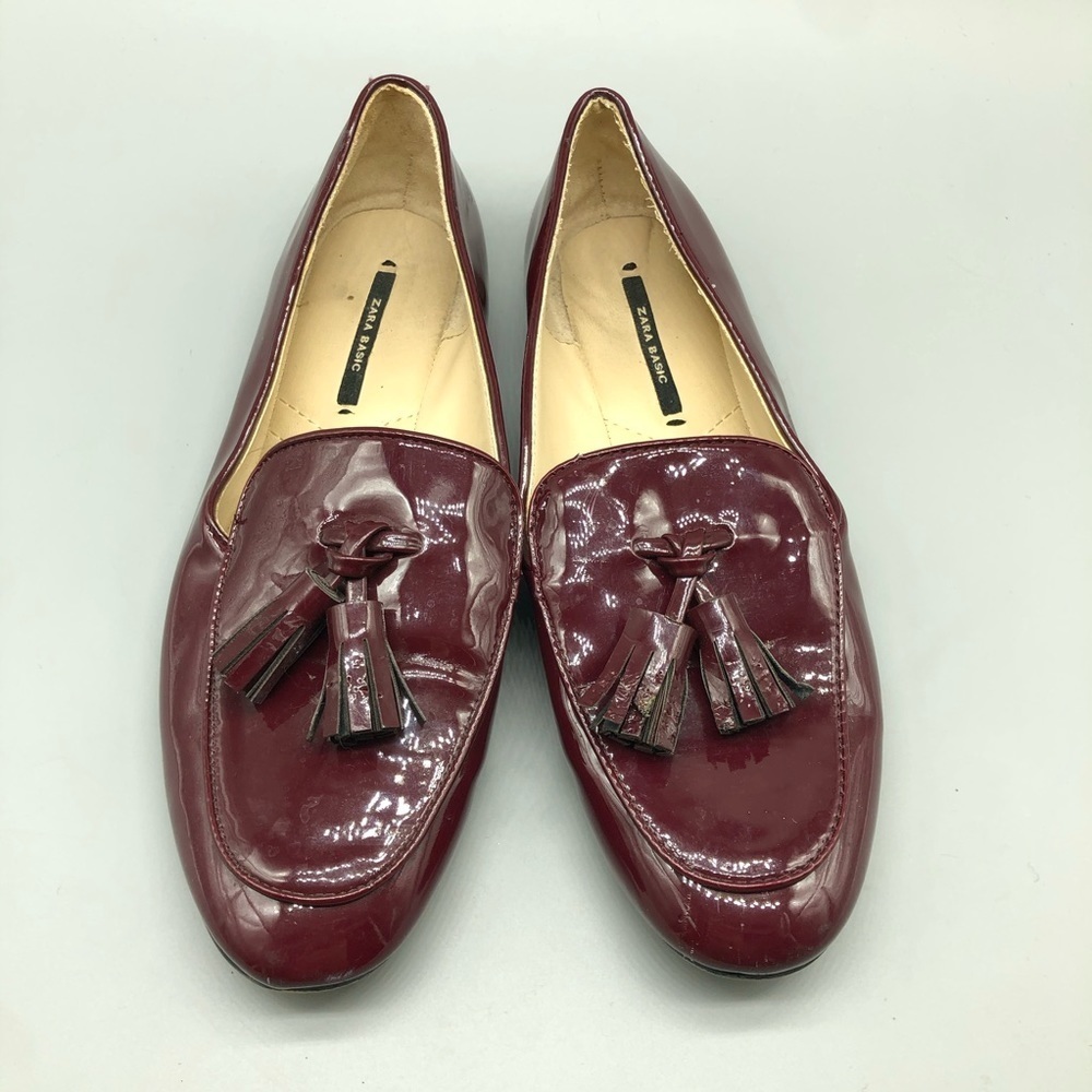 Zara burgundy patent leather tassel loafers